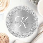 Silver Brushed Metal Glitter Monogram Name Round Paper Coaster<br><div class="desc">Easily personalise this trendy coaster design featuring pretty silver sparkling glitter on a silver brushed metallic background.</div>