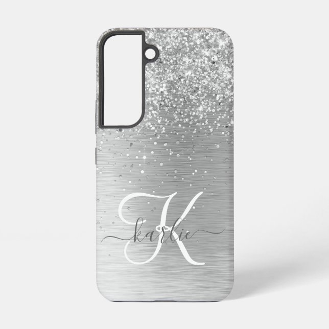 Silver Brushed Metal Glitter Monogram Name Samsung Galaxy S22 Case (Back)