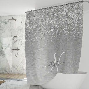 Silver Brushed Metal Glitter Monogram Name Shower Curtain