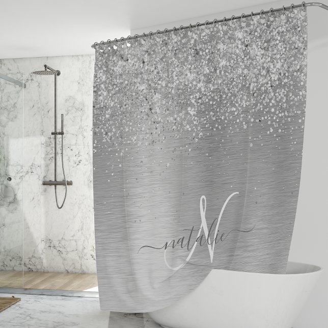 Silver Brushed Metal Glitter Monogram Name Shower Curtain (Creator Uploaded)