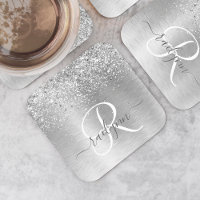 Silver Brushed Metal Glitter Monogram Name