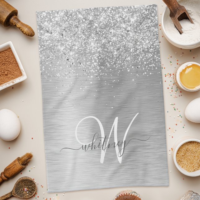 Silver Brushed Metal Glitter Monogram Name Tea Towel (Creator Uploaded)