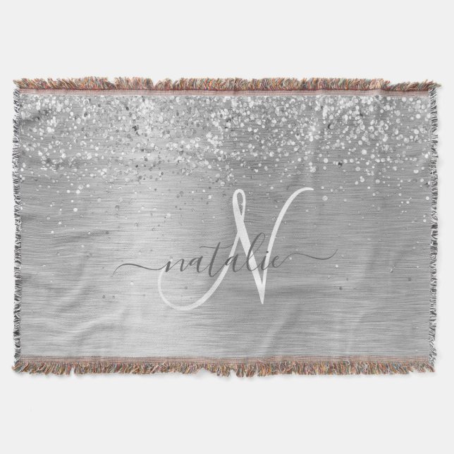 Silver Brushed Metal Glitter Monogram Name Throw Blanket (Front)