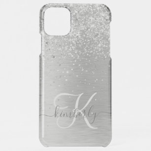Silver Brushed Metal Glitter Monogram Name iPhone 11 Pro Max Case