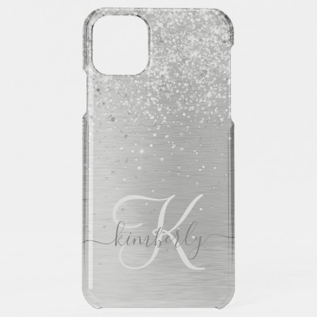 Silver Brushed Metal Glitter Monogram Name Uncommon iPhone Case (Back)