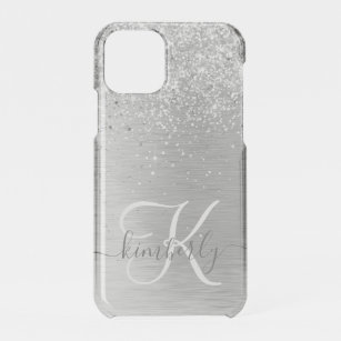 Silver Brushed Metal Glitter Monogram Name iPhone 11 Pro Case
