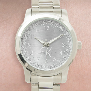 Silver Brushed Metal Glitter Monogram Name Watch