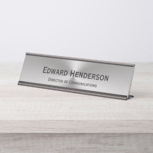 Silver Brushed Metal Look Your Name and Job Title Desk Name Plate