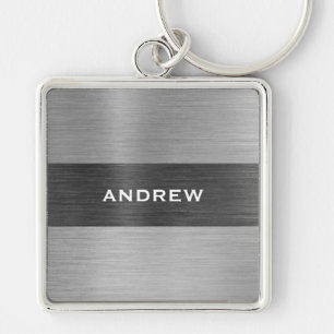 Silver Brushed Metal Metallic Monogram Name  Key Ring