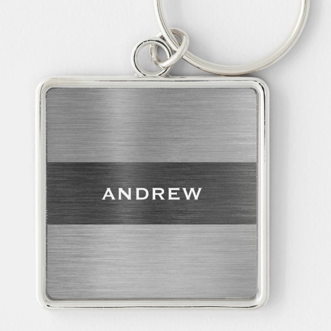 Silver Brushed Metal Metallic Monogram Name  Key Ring (Front)