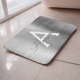 Silver Brushed Metal Monogram Name and Initial Bath Mat