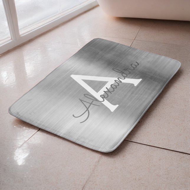Silver Brushed Metal Monogram Name and Initial Bath Mat (Creator Uploaded)