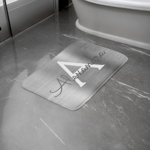Silver Brushed Metal Monogram Name and Initial Bath Mat