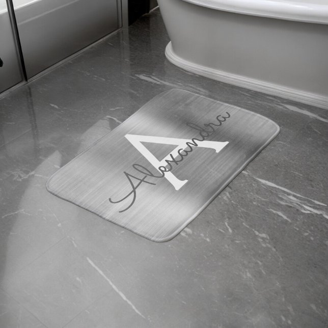 Silver Brushed Metal Monogram Name and Initial Bath Mat (Creator Uploaded)