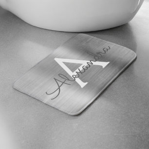 Silver Brushed Metal Monogram Name and Initial Bath Mat