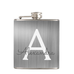 Silver Brushed Metal Monogram Name and Initial Hip Flask