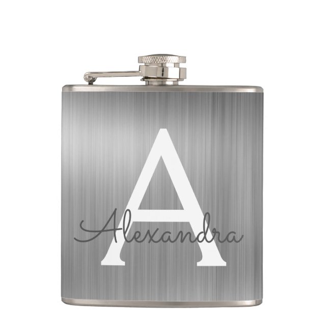 Silver Brushed Metal Monogram Name and Initial Hip Flask (Front)