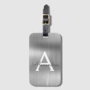 Silver Brushed Metal Monogram Name and Initial Luggage Tag