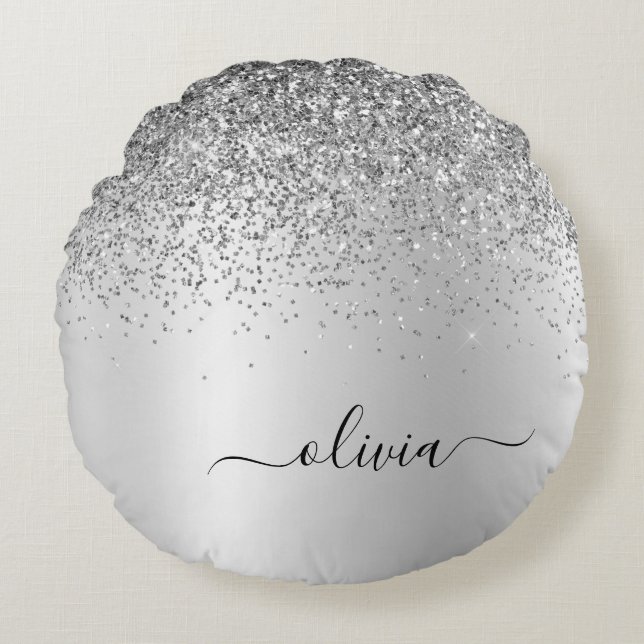 Silver Brushed Metal Monogram Name Girly Round Cushion (Front)