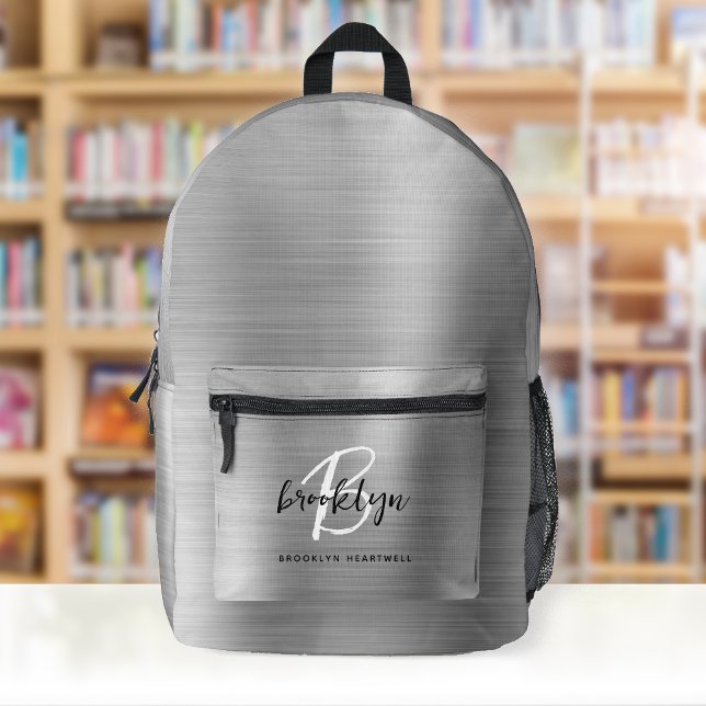 Silver Brushed Metal Monogram Name Printed Backpack (Creator Uploaded)