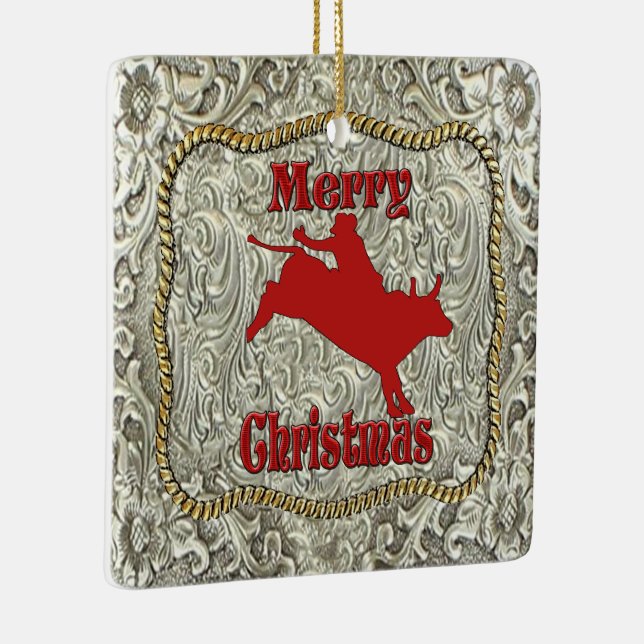 Silver Bull Rider Belt Buckle Christmas  Ceramic Ornament (Right)