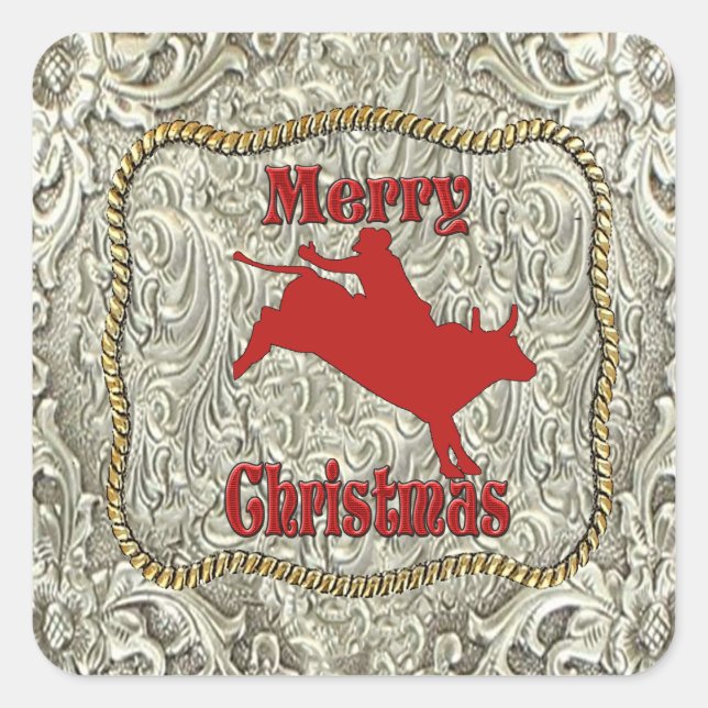 Silver Bull Rider Belt Buckle Christmas Square Sticker (Front)