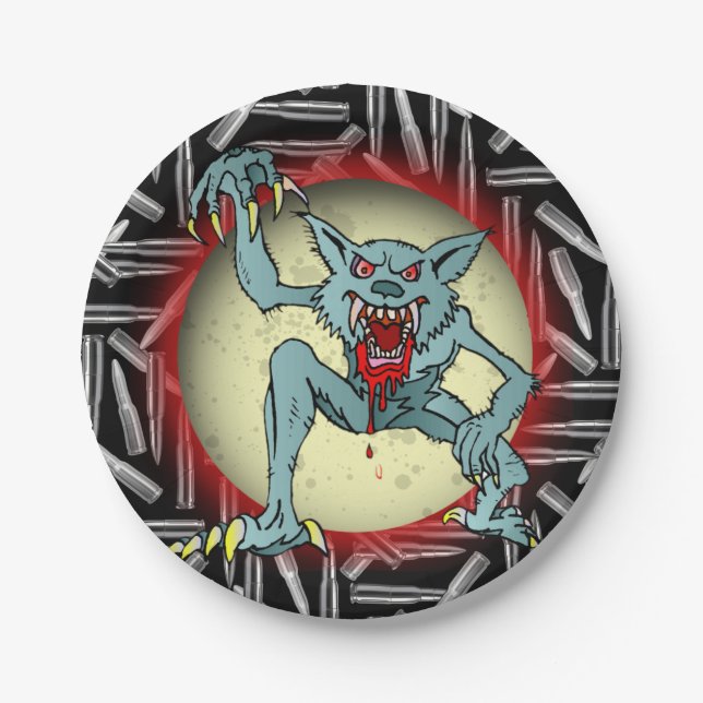 Silver Bullets, Grey Werewolf Full Moon Halloween Paper Plate (Front)
