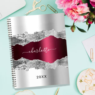 Silver burgundy agate marble name script 2023 planner