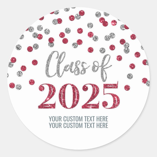 Silver Burgundy Confetti Graduation 2025 Classic Round Sticker (Front)