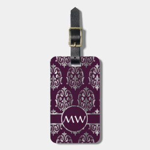 Silver & burgundy damask luggage tag