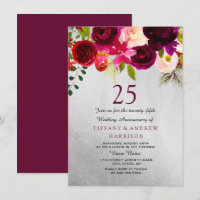 Silver & Burgundy Floral 25th Wedding Anniversary