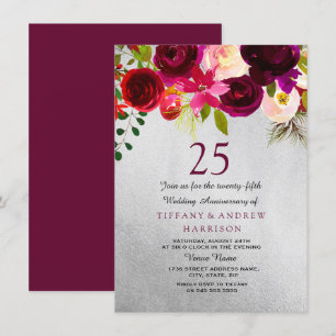 Silver & Burgundy Floral 25th Wedding Anniversary Invitation