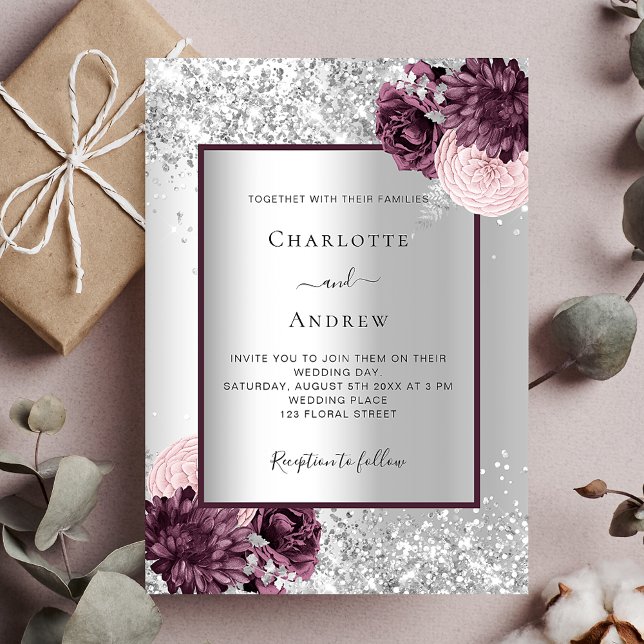 Silver burgundy floral elegant luxury wedding invitation (Creator Uploaded)