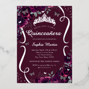 Silver Burgundy Floral Rose Butterfly Quinceanera