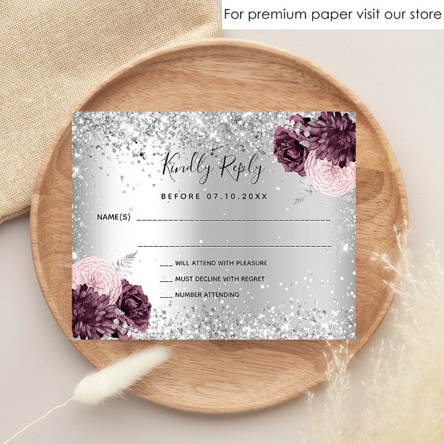 Silver burgundy florals budget wedding RSVP card (Creator Uploaded)