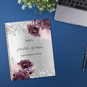 Silver burgundy florals elegant glamourous 2023 planner