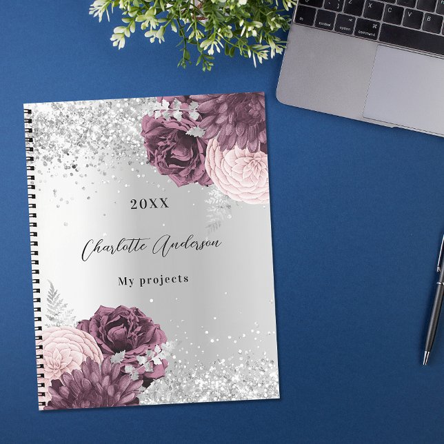 Silver burgundy florals elegant glamourous notebook (Creator Uploaded)