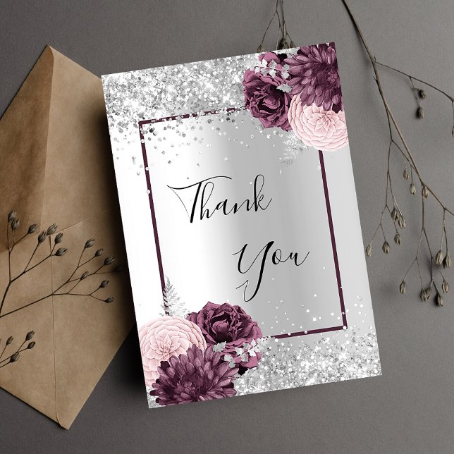 Silver burgundy florals elegant glamourous thank you card (Creator Uploaded)