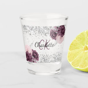 Silver burgundy florals elegant monogram name shot glass