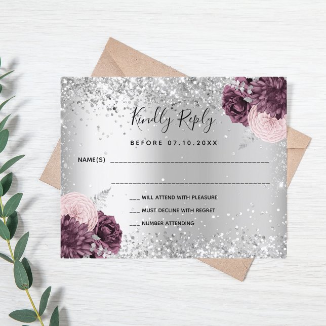 Silver burgundy florals glitter wedding RSVP card (Creator Uploaded)