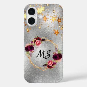 Silver burgundy flowers gold stars monogram iPhone 16 case