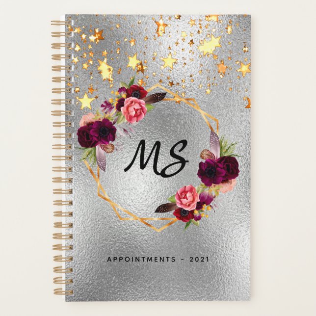 Silver burgundy flowers gold stars planner (Front)