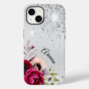 Silver Burgundy flowers name Case-Mate iPhone 14 Case