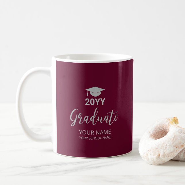 Silver & Burgundy Personalised Graduation Gifts Coffee Mug (With Donut)