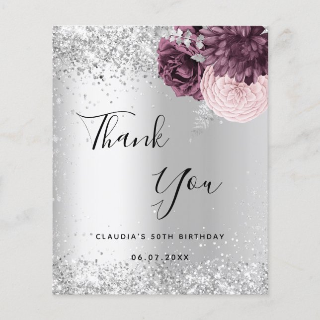 Silver burgundy pink floral budget thank you card (Front)