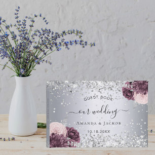 Silver burgundy pink flowers wedding guest book
