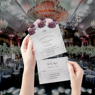 Silver burgundy pink flowers wedding RSVP All In One Invitation