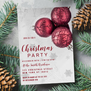 Silver burgundy red glitter christmas ornaments invitation