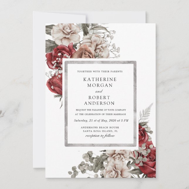 silver burgundy rustic floral Wedding Invitation (Front)