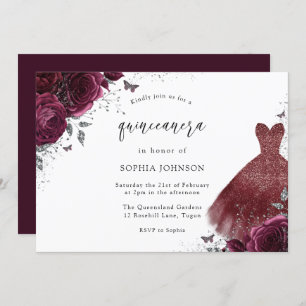 Silver Burgundy Sparkle Dress Rose Quinceanera Invitation